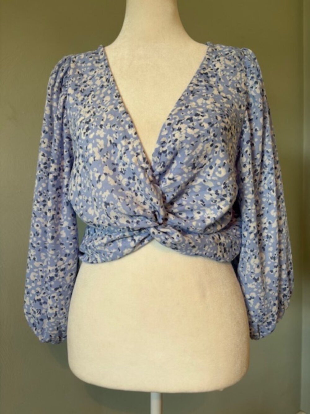 Abercrombie & Fitch Blue/White Print Knot-Front Puff Sleeve Cropped Top Small
